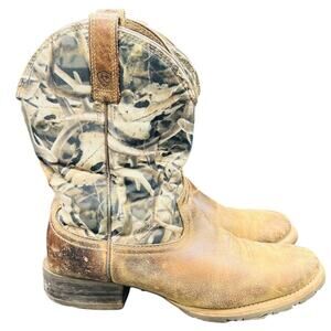 🤠 Ariat men 8.5D Camo Western Cowboy Work Boots Distressed Leather Outdoor